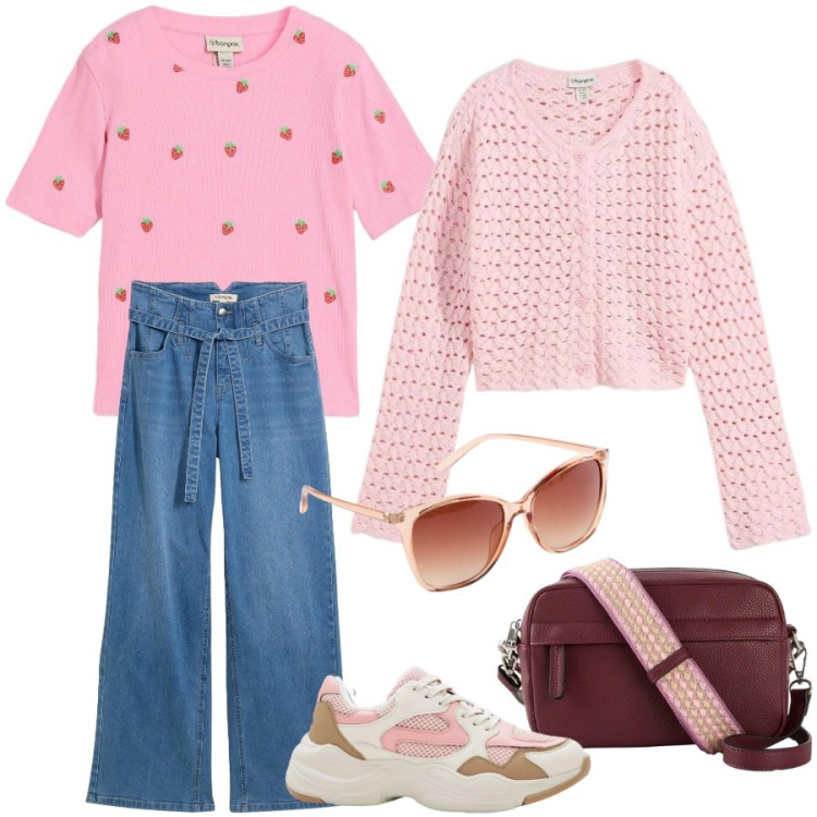 Outfit donna - Total look #2353226. Stile Preppy per Scuola/Università. Abbinamento con borse a tracolla, jeans, cardigans, occhiali da sole, t-shirt, sneakers.