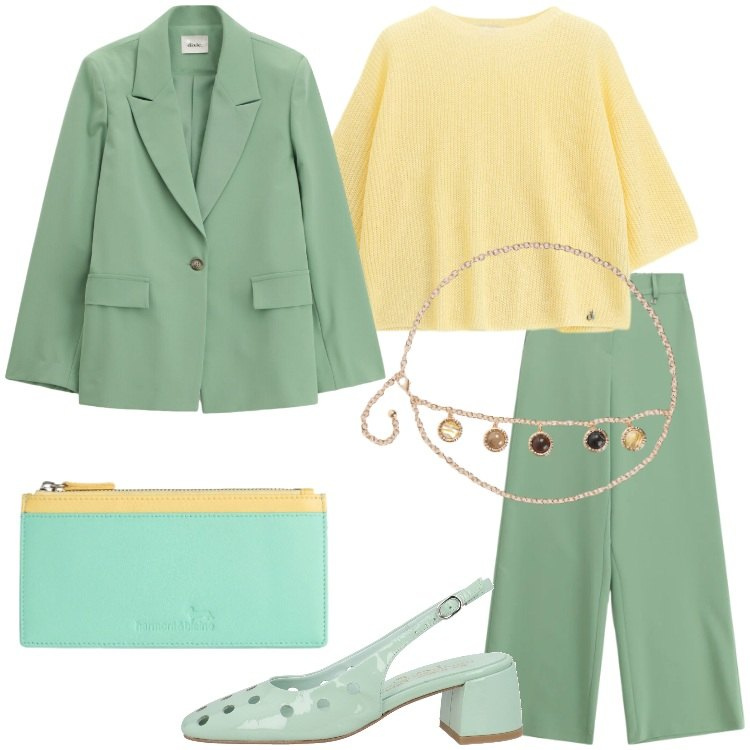 Outfit donna - Il potere dei colori pastello Curvy. Stile Minimal per Ufficio. Abbinamento con décolleté, portafogli, cinture, maglieria, pantaloni a palazzo, blazer.