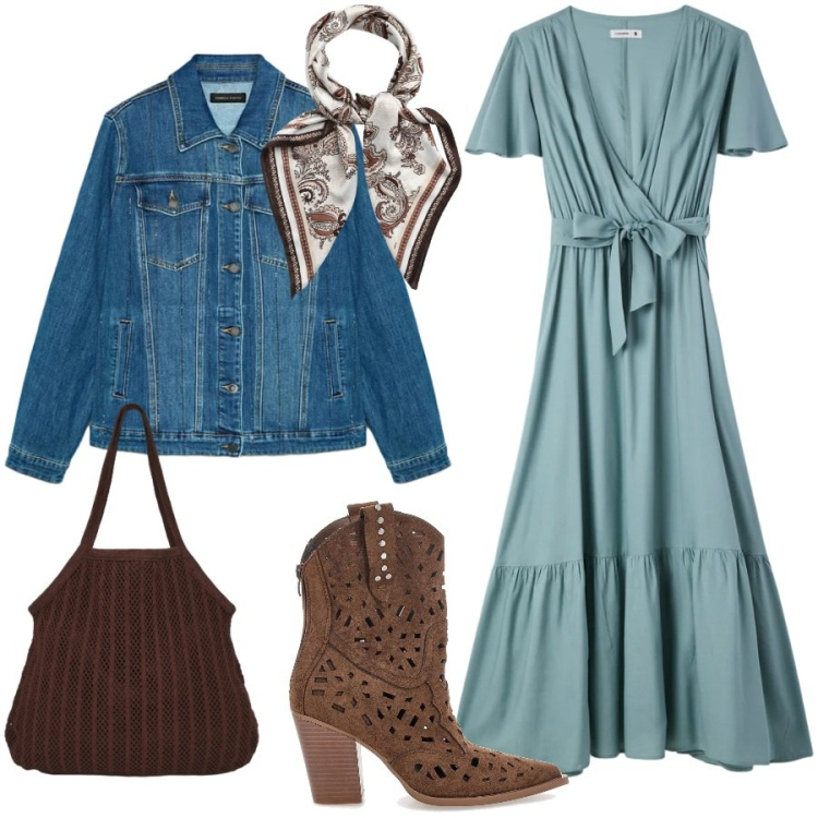 Outfit donna - Total look #2353228. Stile Boho per Tutti i giorni. Abbinamento con foulard, shopping bag, vestiti lunghi, blazer, stivaletti texani.