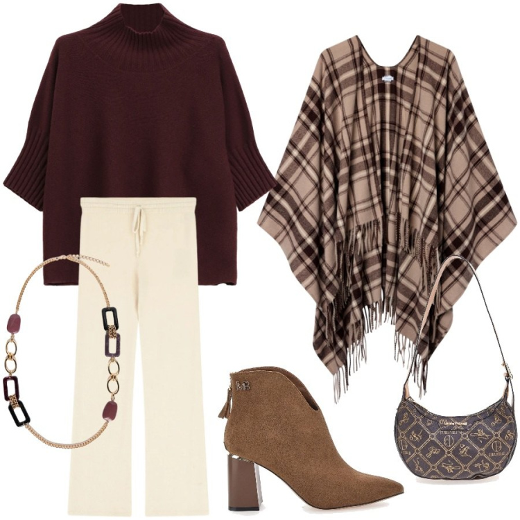 Outfit donna - In ufficio. Stile Casual chic per Ufficio. Abbinamento con cappotti, maglieria, pantaloni a palazzo, collane, stivaletti, borse a tracolla.