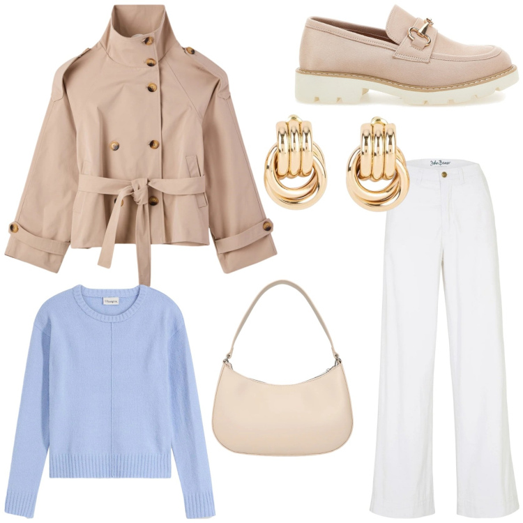 Outfit donna - Spring outfit. Stile Casual chic per Tutti i giorni. Abbinamento con jeans, maglieria, orecchini, borse a tracolla, caban, mocassini.