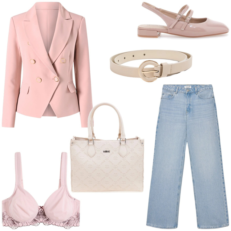 Outfit donna - Spring street style. Stile Chic per Tutti i giorni. Abbinamento con reggiseni, jeans, cinture, blazer, ballerine, borse a tracolla.