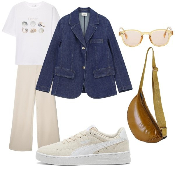 Outfit donna - summer time. Stile Basic per Tutti i giorni. Abbinamento con occhiali da sole, pantaloni, t-shirt, blazer, borse sportive, sneakers.