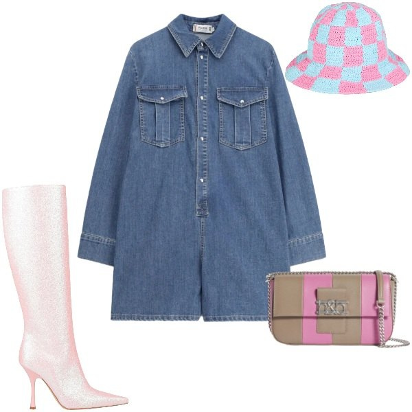 Outfit donna - Total look #2353240. Stile Glamour per Serata fuori. Abbinamento con stivali, cappelli, borse a spalla, tuta corta.