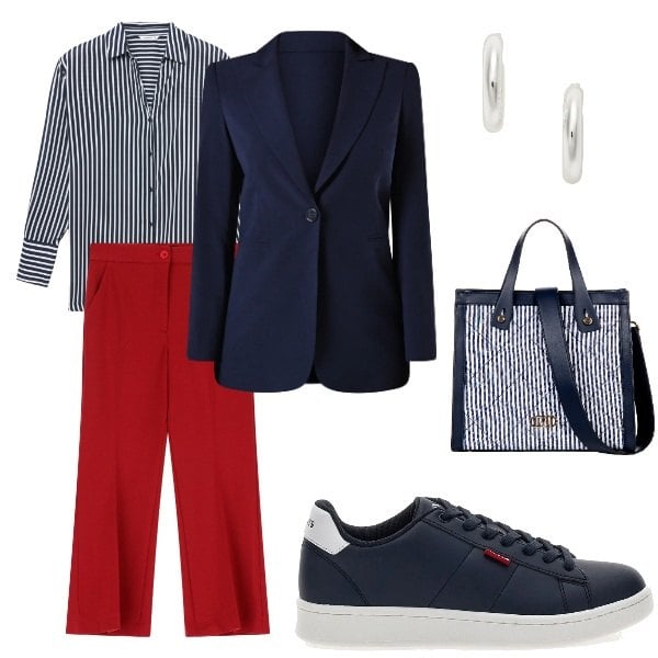 Outfit donna - rionello. Stile Basic per Ufficio. Abbinamento con camicie, pantaloni a palazzo, shopping bag, blazer, orecchini, sneakers.