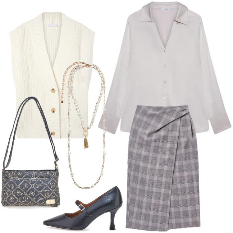 Outfit donna - Grigio perla per l\' ufficio. Stile Casual chic per Ufficio. Abbinamento con gilet, collane, camicie, gonne longuette, décolleté, borse a tracolla.
