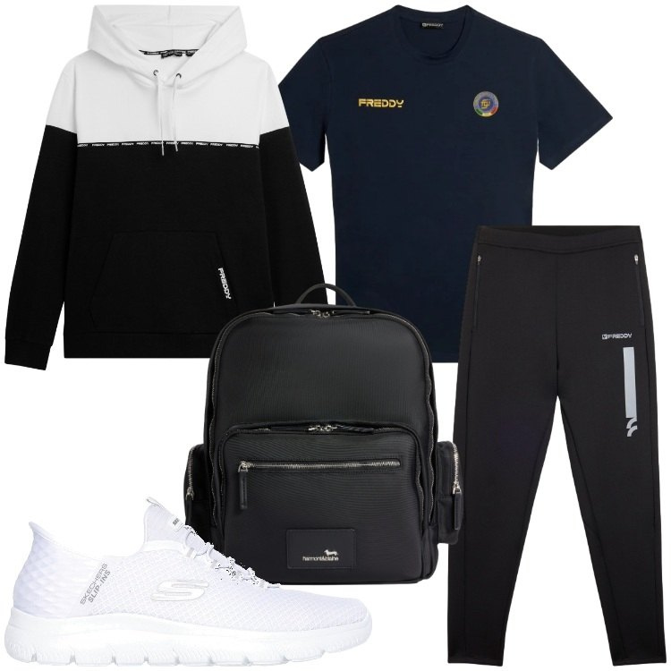 Outfit uomo - In palestra. Stile Casual per Sport. Abbinamento con borse sportive, pantaloni, felpe con cappuccio, t-shirt sportive, scarpe sportive.