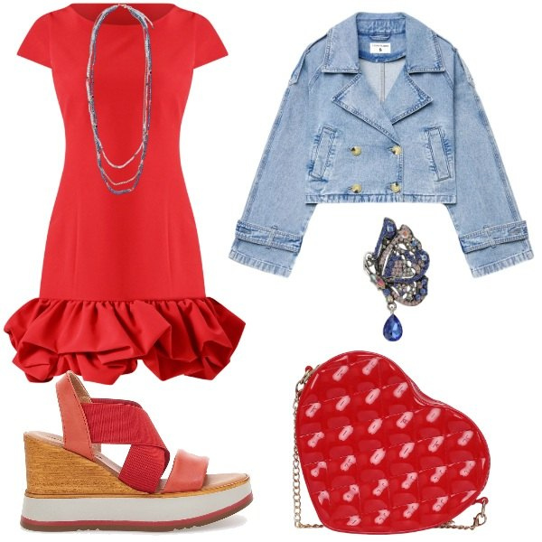 Outfit donna - Voglia di colore. Stile Sporty chic per Tutti i giorni. Abbinamento con caban, borse a tracolla, collane, ciondoli, vestiti, sandali.