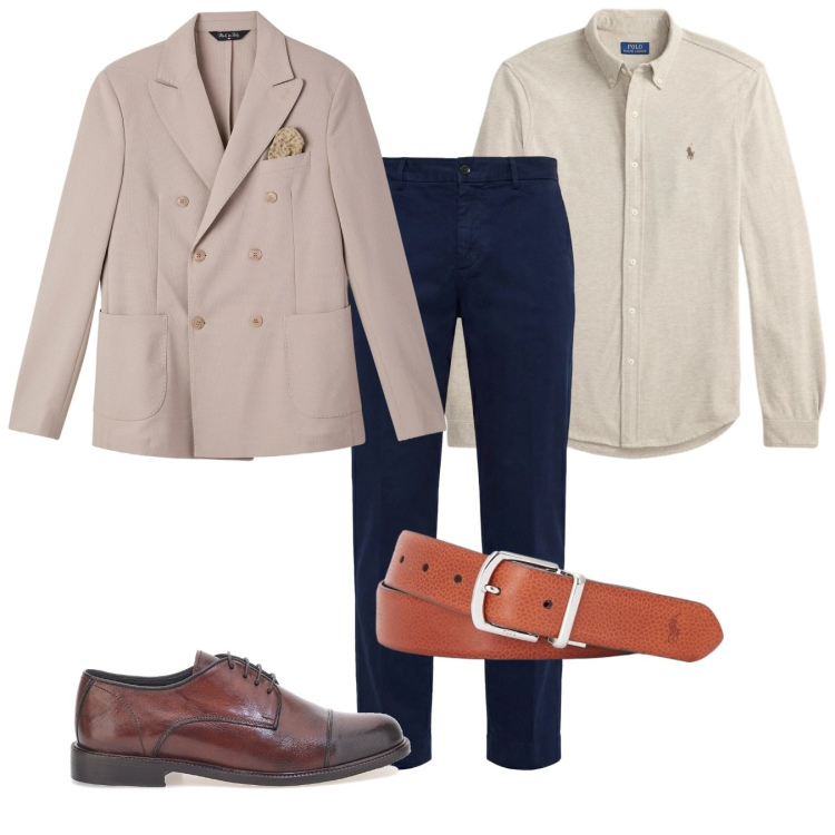 Outfit uomo - Doppiopetto sabbia. Stile Casual per Tutti i giorni. Abbinamento con pantaloni chino, giacche, cinture, camicie, scarpe stringate.