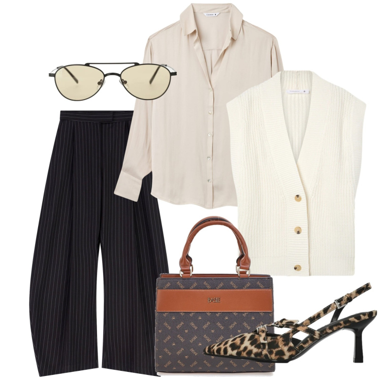 Outfit donna - Balloons di marzo. Stile Chic per Tutti i giorni. Abbinamento con gilet, décolleté, camicie, occhiali da sole, pantaloni a palazzo, borse a mano.