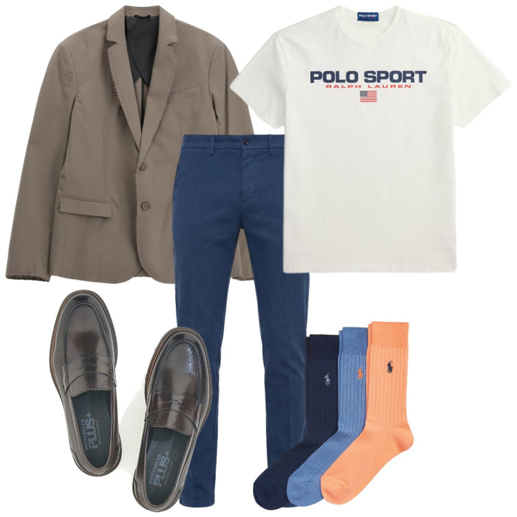 Outfit uomo - Oggi. Stile Casual per Tutti i giorni. Abbinamento con pantaloni chino, giacche, t-shirt, calzini, scarpe stringate.