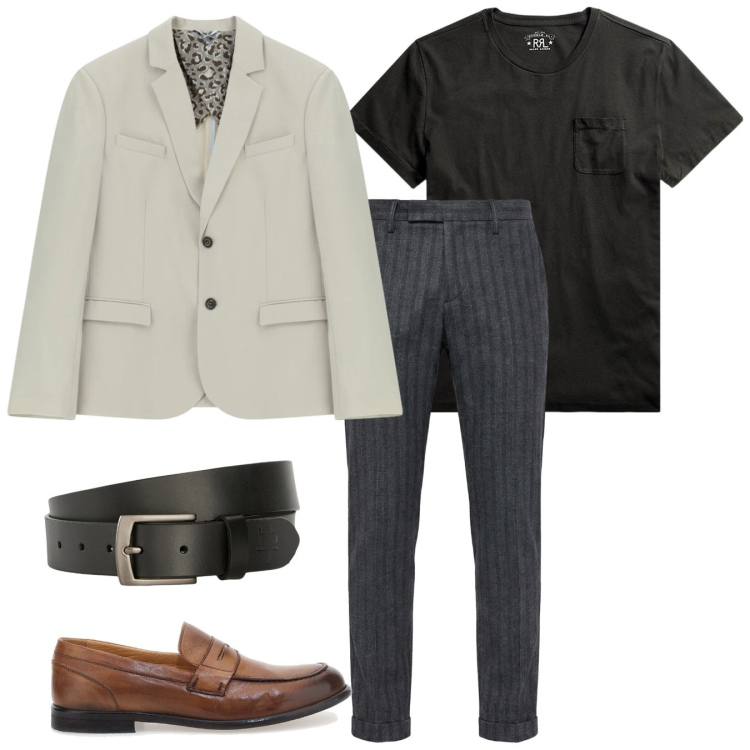 Outfit uomo - Gessato e mocassini. Stile Trendy per Serata speciale. Abbinamento con pantaloni, cinture, giacche, t-shirt, scarpe stringate.