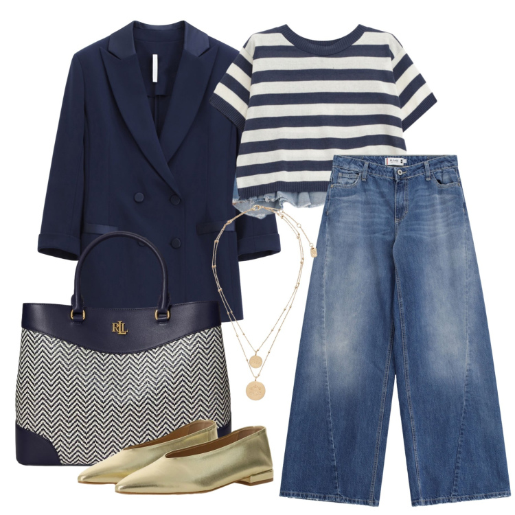 Outfit donna - Marzo. Stile Casual chic per Tutti i giorni. Abbinamento con blazer, ballerine, t-shirt, jeans, ciondoli, borse a mano.