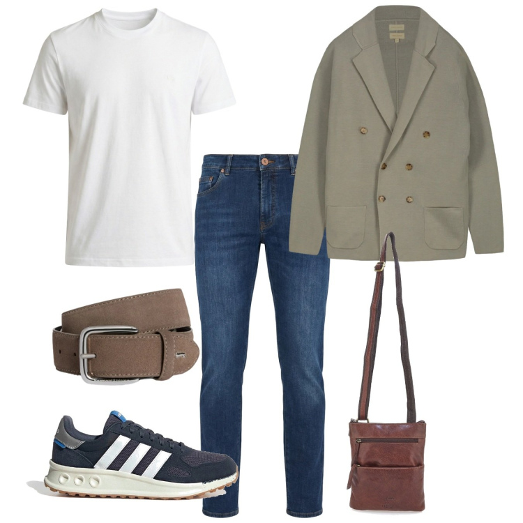 Outfit uomo - Fine settimana. Stile Casual per Tutti i giorni. Abbinamento con jeans, t-shirt, cinture, portafogli, cardigans, sneakers.
