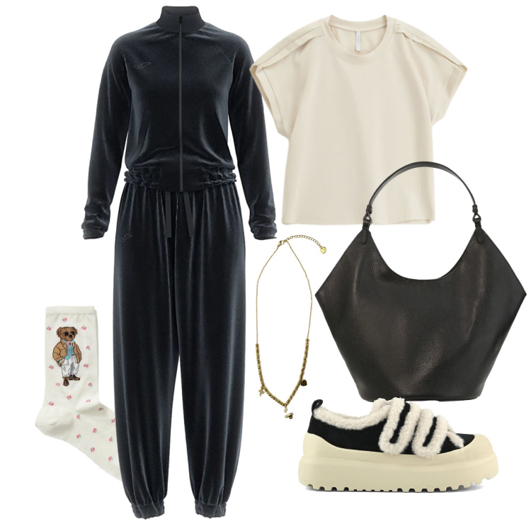 Outfit donna - Marzo. Stile Sporty chic per Tutti i giorni. Abbinamento con top, borse a spalla, ciondoli, calzini, tute, sneakers.