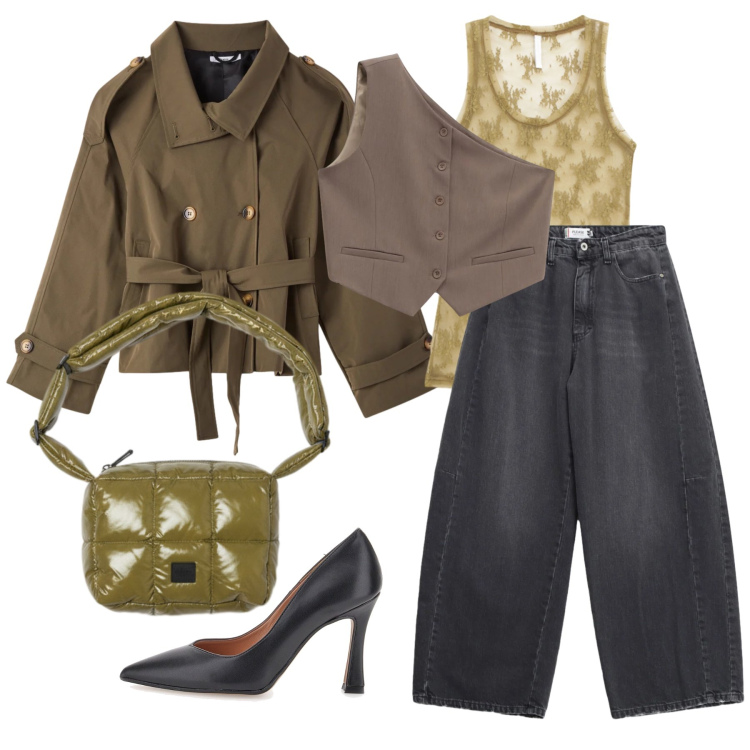 Outfit donna - Marzo. Stile Urban per Tutti i giorni. Abbinamento con caban, gilet, canottiere, jeans, borse a spalla, décolleté.