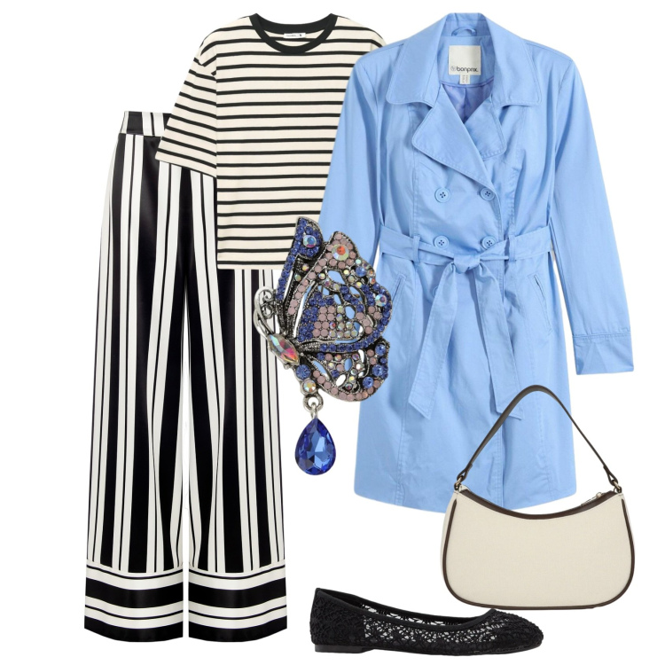 Outfit donna - Blue is the new season. Stile Glamour per Tutti i giorni. Abbinamento con trench, ballerine, t-shirt, borse a tracolla, ciondoli, pantaloni a palazzo.