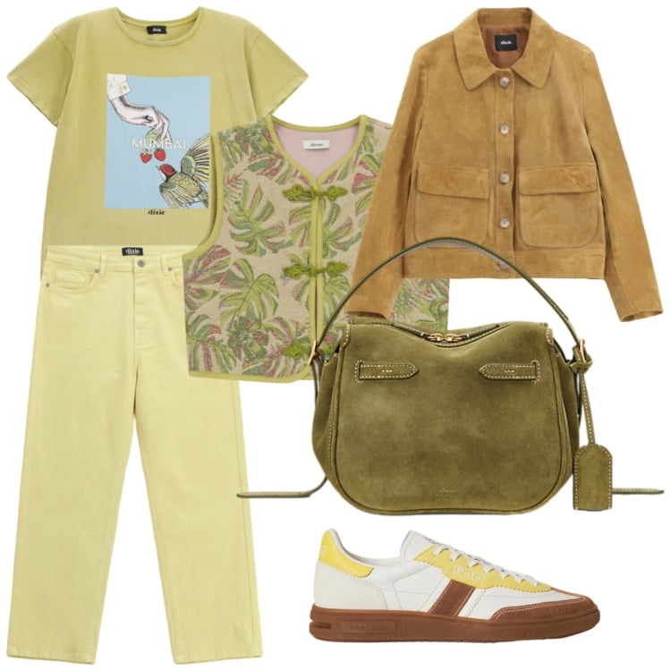 Outfit donna - Look. Stile Casual per Tutti i giorni. Abbinamento con giacche, gilet, t-shirt, jeans dritti, borse a mano, sneakers.