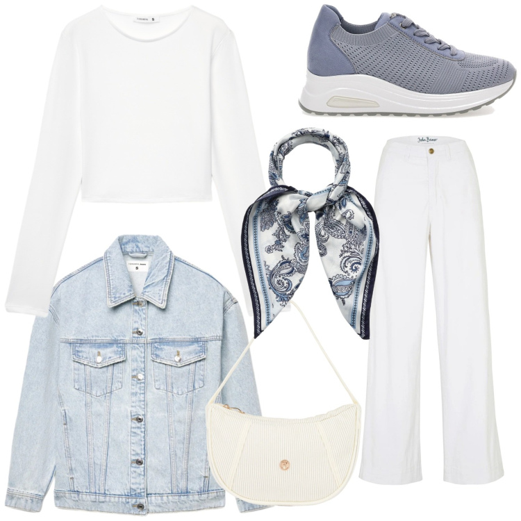 Outfit donna - Spring jacket. Stile Casual chic per Tutti i giorni. Abbinamento con jeans, foulard, cappotti, t-shirt, borse a mano, sneakers alte.