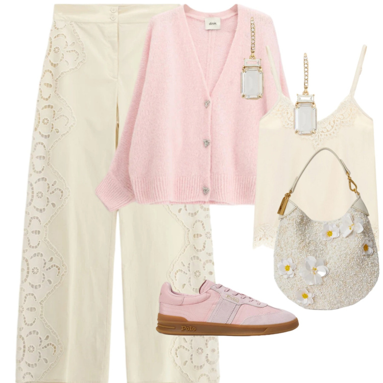 Outfit donna - Look. Stile Casual per Tutti i giorni. Abbinamento con pantaloni a palazzo, cardigans, top, orecchini, sneakers, pochette.