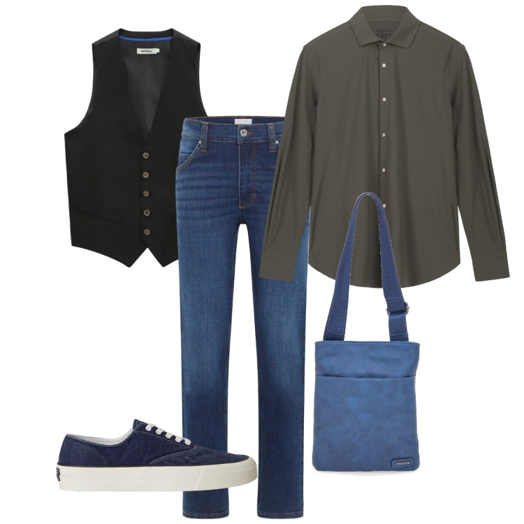 Outfit uomo - Casual gilet. Stile Casual per Tutti i giorni. Abbinamento con jeans dritti, gilet, sneakers, camicie, portafogli.
