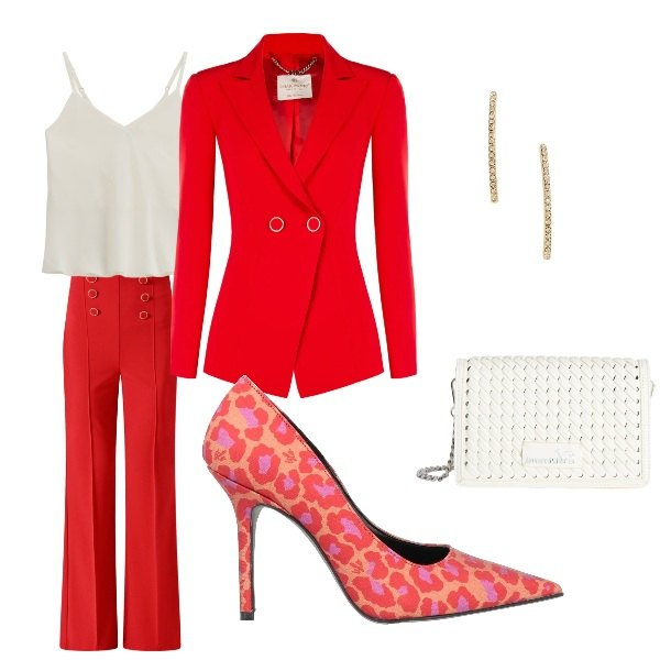 Outfit donna - in rosso. Stile Trendy per Serata fuori. Abbinamento con décolleté, borse a tracolla, top, pantaloni, blazer, orecchini.