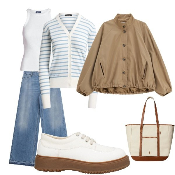 Outfit donna - al centro coi ragazzi. Stile Casual per Tutti i giorni. Abbinamento con scarpe stringate, jeans, bomber, cardigans, canottiere, borse tote.