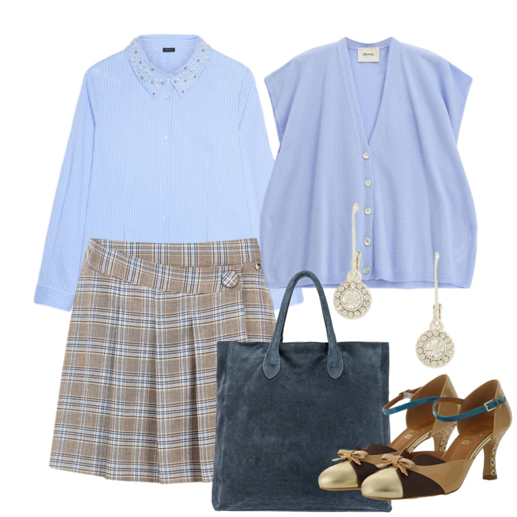 Outfit donna - Il potere dei colori pastello - Focus Do. Stile Bon Ton per Ufficio. Abbinamento con camicie, décolleté, gilet, gonne, orecchini, borse a mano.