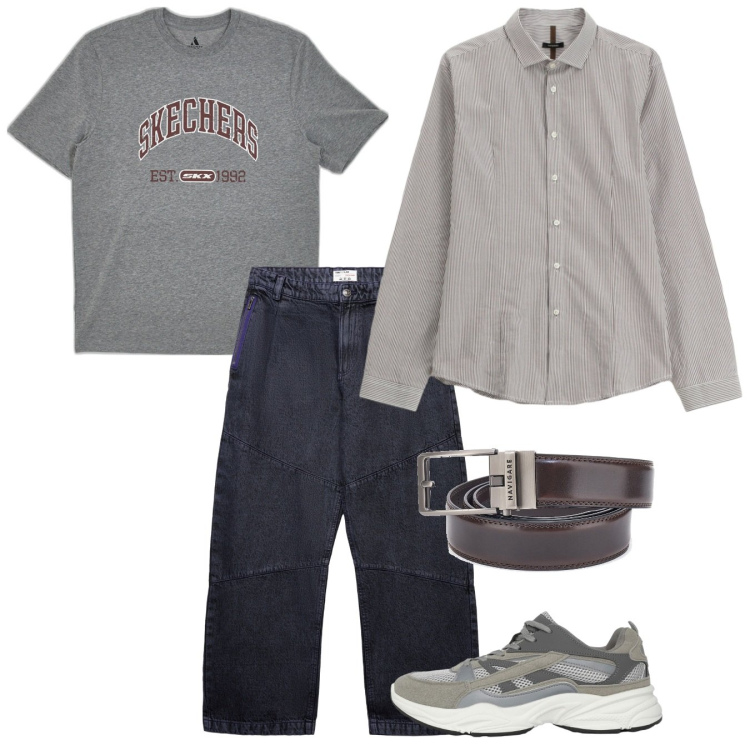 Outfit uomo - Grigio. Stile Casual per Tutti i giorni. Abbinamento con camicie, sneakers, jeans dritti, t-shirt, cinture.
