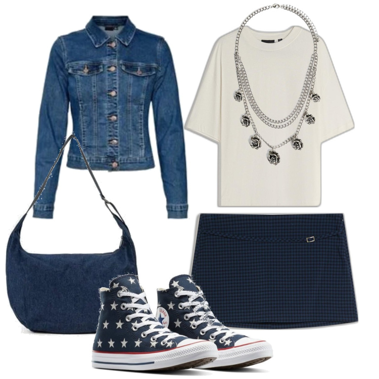 Outfit mujer - Casual #2046. Estilo Casual para Escuela/Universidad. Combinación con blazers, colgantes, faldas, sneakers, bandoleras, camiseta.