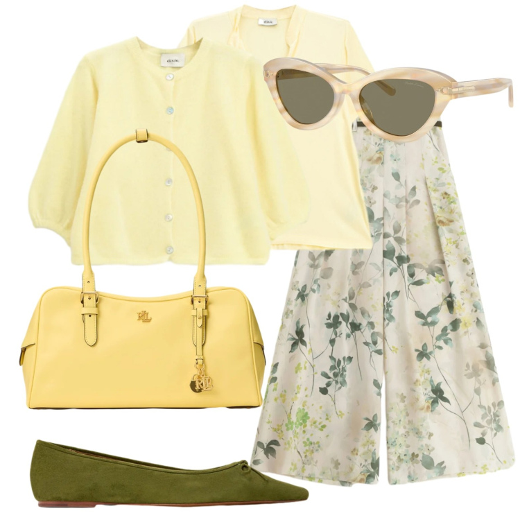 Outfit donna - In direzione Montecarlo. Stile Casual chic per Tutti i giorni. Abbinamento con pantaloni a palazzo, cardigans, t-shirt, occhiali da sole, ballerine, borse a mano.