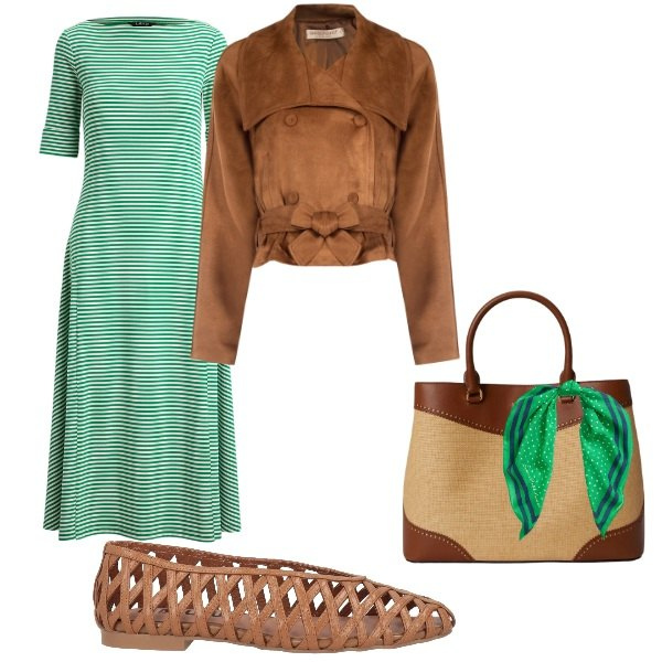 Outfit donna - primavera. Stile Casual chic per Tutti i giorni. Abbinamento con ballerine, giacche, foulard, vestiti, borse a mano.