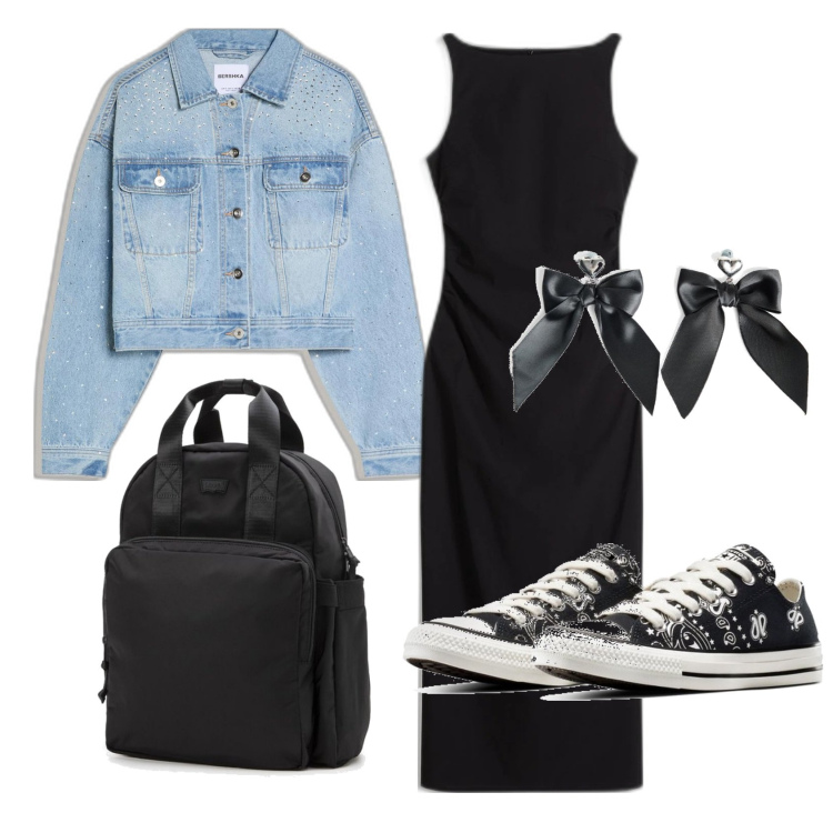 Outfit mujer - Minimal #566. Estilo Minimal para Escuela/Universidad. Combinación con vestidos midi/longuettes, sneakers, blazers, mochilas, pendientes.