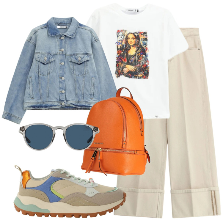 Outfit donna - Monnalisa con zaino arancione. Stile Casual chic per Tutti i giorni. Abbinamento con zaini, sneakers, pantaloni a palazzo, blazer, t-shirt, occhiali da sole.