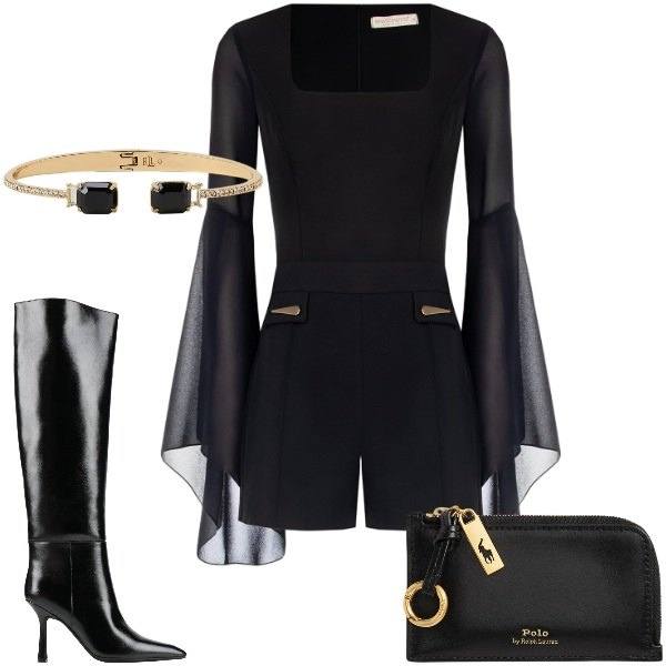 Outfit donna - DArk night. Stile Glamour per Serata fuori. Abbinamento con stivali, tuta corta, portafogli, braccialetti.