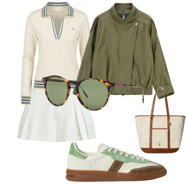 Outfit donna - armonia. Stile Basic per Tutti i giorni. Abbinamento con polo, giacche, occhiali da sole, borse tote, sneakers, minigonne.