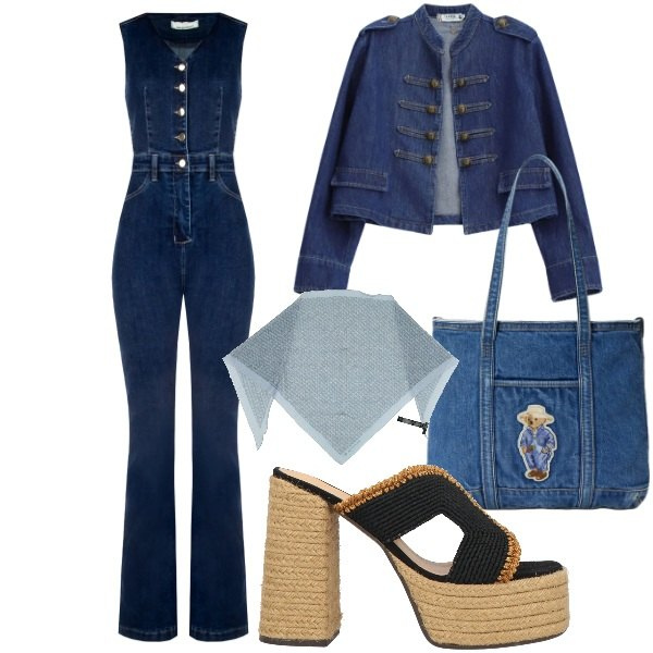 Outfit donna - Jumpsuit in denim. Stile 70s per Tutti i giorni. Abbinamento con stole, espadrillas, blazer, tute, borse tote.