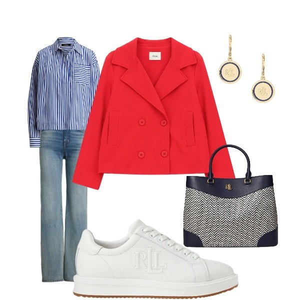 Outfit donna - giornata tranquilla. Stile Basic per Tutti i giorni. Abbinamento con blazer, camicie, borse a mano, sneakers, jeans, orecchini.