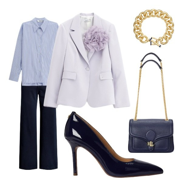 Outfit donna - flower. Stile Trendy per Serata fuori. Abbinamento con blazer, camicie, pantaloni, borse a spalla, braccialetti, décolleté.