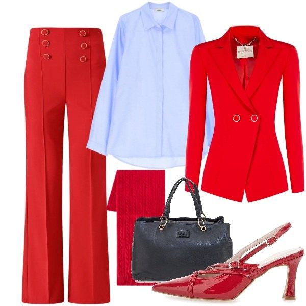 Outfit donna - Tailleur rosso. Stile Bon Ton per Ufficio. Abbinamento con sciarpe, camicie, pantaloni, blazer, décolleté, borse a mano.