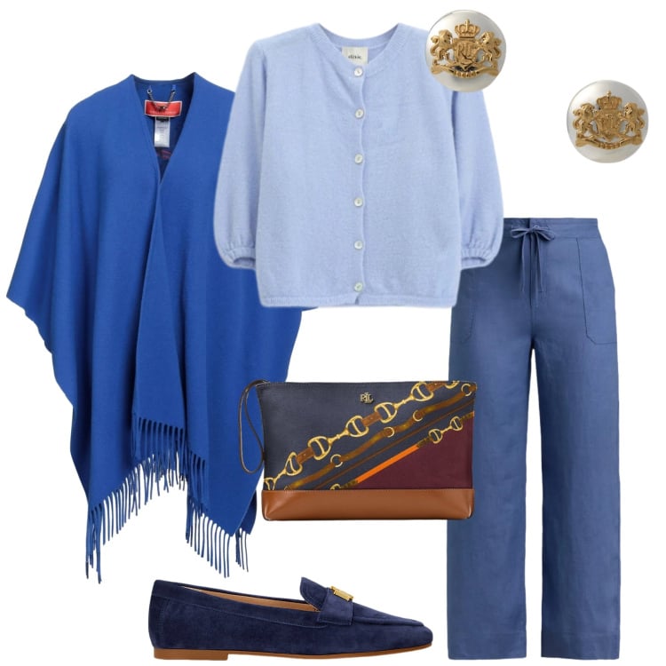 Outfit donna - Total look #2353331. Stile Chic per Ufficio. Abbinamento con cappe, pochette, pantaloni, mocassini, orecchini, cardigans.