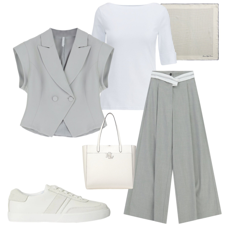 Outfit donna - Tonalità soft. Stile Casual chic per Tutti i giorni. Abbinamento con pantaloni a palazzo, gilet, foulard, borse tote, t-shirt, sneakers.