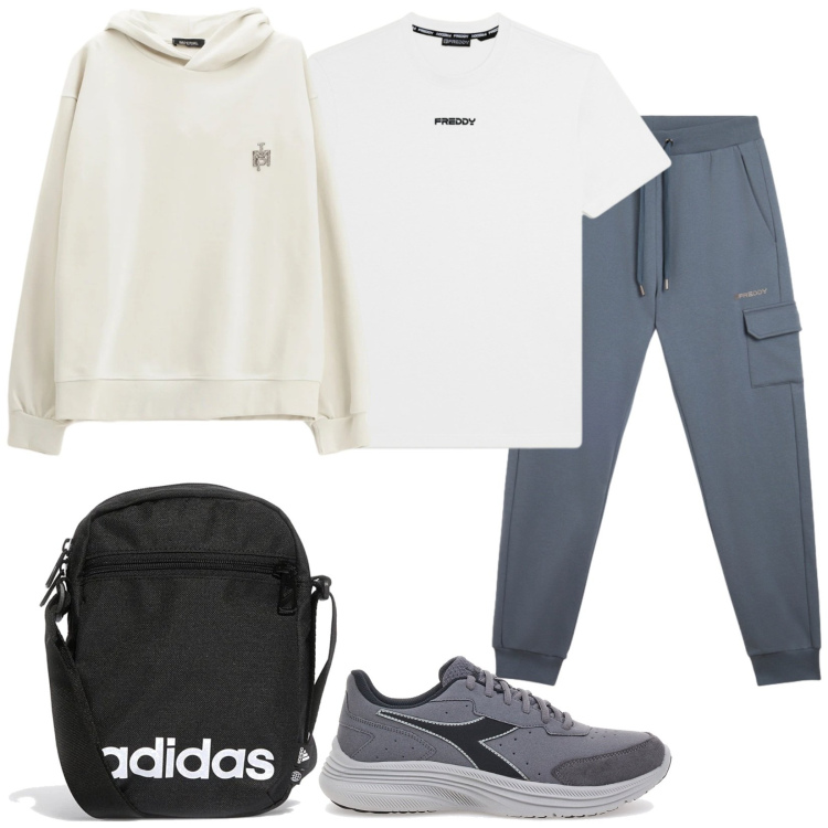 Outfit uomo - Dritto in palestra. Stile Casual per Sport. Abbinamento con felpe con cappuccio, t-shirt, pantaloni cargo, sneakers, borse sportive.