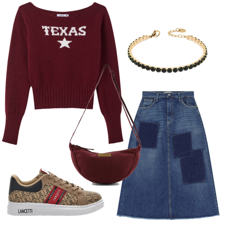 Outfit donna - Total look #2353335. Stile Minimal per Tutti i giorni. Abbinamento con maglieria, braccialetti, gonne lunghe, sneakers, borse a tracolla.