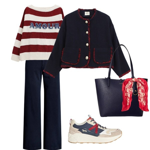 Outfit donna - in riga. Stile Basic per Tutti i giorni. Abbinamento con sneakers, blazer, maglieria, pantaloni, foulard, borse tote.