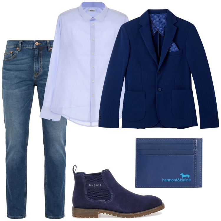 Outfit uomo - Jeans e giacca. Stile Trendy per Serata speciale. Abbinamento con jeans, portafogli, camicie, giacche, stivali e stivaletti.