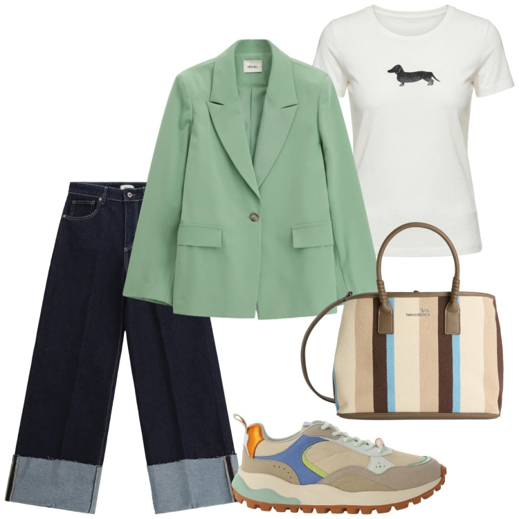 Outfit donna - Total look #2353344. Stile Casual chic per Ufficio. Abbinamento con shopping bag, t-shirt, jeans, sneakers, blazer.