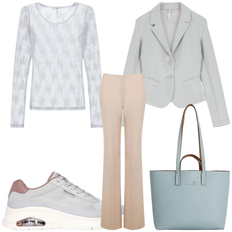Outfit donna - Total look #2353345. Stile Casual per Tutti i giorni. Abbinamento con shopping bag, blazer, bluse, pantaloni a palazzo, sneakers.