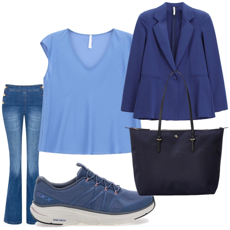 Outfit donna - Total look #2353347. Stile Bon Ton per Tutti i giorni. Abbinamento con blazer, top, jeans a zampa, borse tote, sneakers.