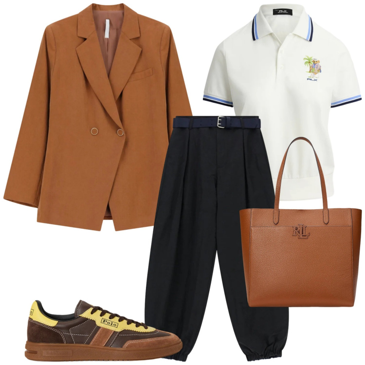 Outfit donna - Total look #2353348. Stile Casual chic per Ufficio. Abbinamento con pantaloni, blazer, borse tote, sneakers, polo.